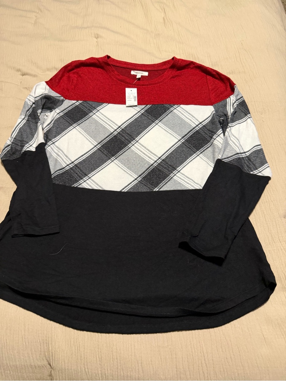 Maurices Red, Black & White Plaid Colorblock Long-Sleeve Top